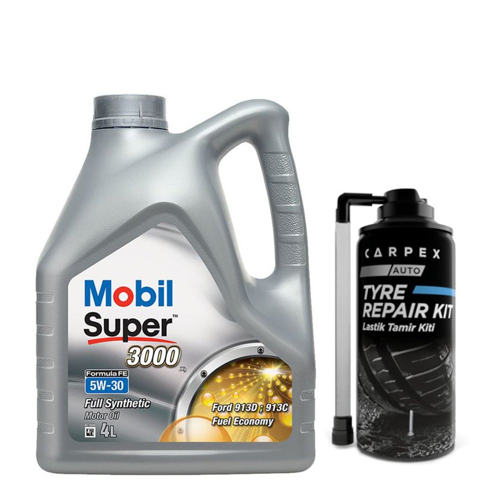 Mobil Super 3000 X1 Formula FE 5W-30 Tam Sentetik Motor Yağı 4 Litre & Carpex Lastik Tamir Kiti